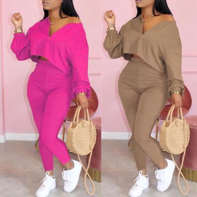 China Anti-pilling New Style Solid Color Long Sleeve Plus Size Sport Suit Women's Fashion Spring Autumn Custom 2 Piece Outfits Kint Set for sale