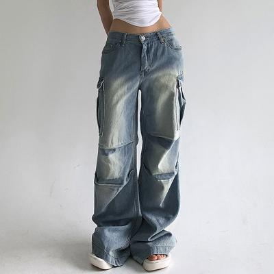 China Breathable Street Style Low Waist Washed Cargo Jeans Pants Casual Solid Color Cuffed Pocket Straight Leg Cargo Jeans for sale