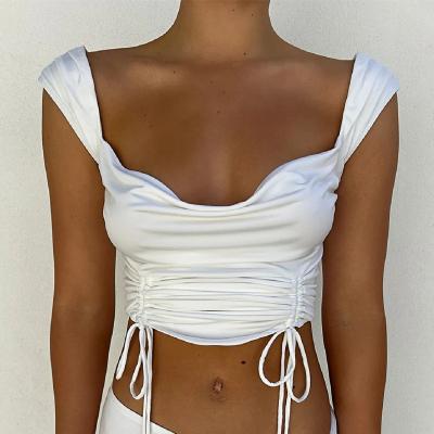 China Anti-pilling Corset Black Crop Top Women Square Neck Tank Top Sleeveless Drawstring Backless Solid Streetwear White Top for sale