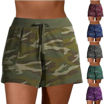 China Anti-wrinkle Summer Camouflage Sports Shorts Casual Lace Up Running Elastic Waist Gym Shorts Women for sale