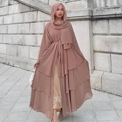 China Muslim Women Prayer Clothing 3 Layer Chiffon Solid Open Abaya Kimono Dubai Turkey Kaftan Cardigan Muslim Dresses For Women Islamic Clothing for sale