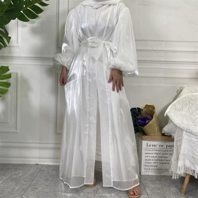 China Muslim Women Prayer Clothing Fashion Arab Shiny Silk Muslim Dress Elastic Lantern Sleeves Satin Front Open Cardigan With Lining for sale