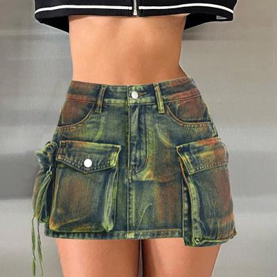 China Anti-Static Europe America Irregular Pockets Denim Skirts Y2k Asymmetrical Mini Denim Skirts for sale