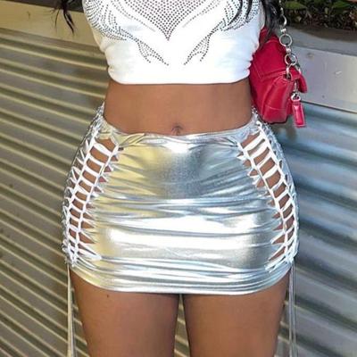 China Anti-Static Sexy Lady Dancing Mini Skirt Reflective Shiny Silver Cutout Bandage Skits Pencil Women Bodycon for sale