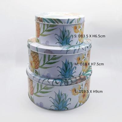 China Food Grade Empty 3 Pieces Round Nice Plant / Flower Printed Cookie / Cookie Metal Tins Packaging Set for sale