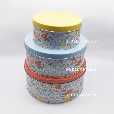 China Food Grade Set of 3 Round Custom Flower Printed Gifts / Candy / Cookies Nested Christmas Metal Tin Box for sale