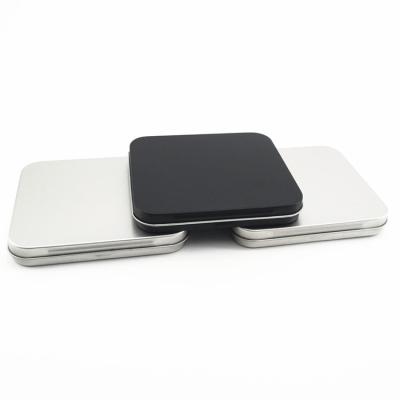 China Food Grade 100 x 89 x 13 mm Silver / Black Square Metal Tin Case /Box With Hinged Lid For Cards for sale