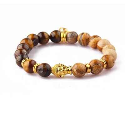 China Natural Gemstone Brown Tiger Eye And Picture Stone Wholesale Casual/Sports Jewelry Bead Buddha Bracelet for sale