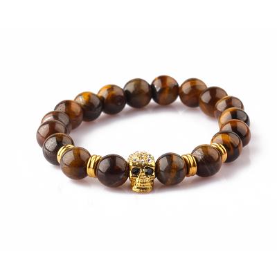 China New Fashion TRENDY Brown High Quality Tiger Eye Stone Bead With Gold Skull Charm Bracelet for sale