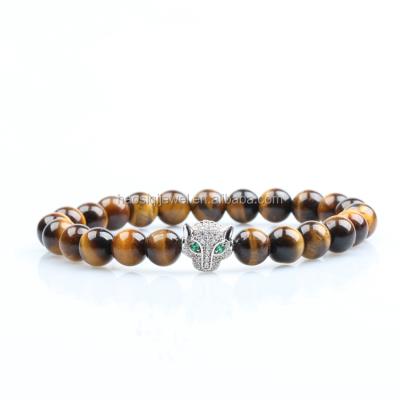 China Fashionable Hot Sale Natural Round Tiger Eye Gemstone Bead Bracelet With Silver Leopard Panther Charm for sale