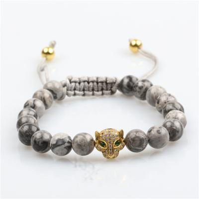 China Casual / Sporty Custom Design 8mm Size Gray Jasper Stone Bead Braided Macrame Bracelets With Leopard Charm for sale