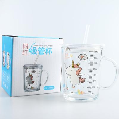 China Best Selling Viable 400ml TikTok Glass Water Coffee Mug With Cover Straw And Handle, Independent Box Package for sale