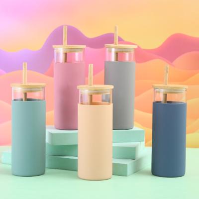 China Custom Sustainable Lid 500ml Silicone Bamboo Glass Sleeve Water Drinking Bottle With Straw for sale