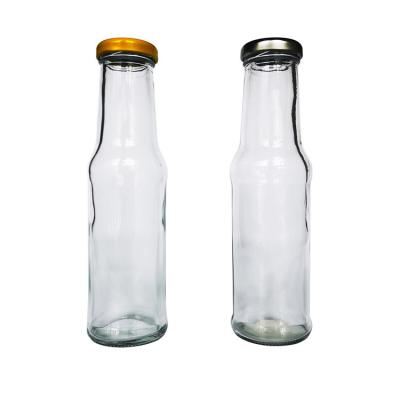 China Stocked 250ml Clear Storage 8 Ounce Multigrain Honey Condiments Round Glass Dressing And Hot Chilli Sauce Bottles With 38mm Hook Cap for sale