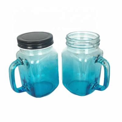 China Custom 16oz Beverage Blue Mason Jar Mugs Glass Mason Jar With Bulk Handle for sale