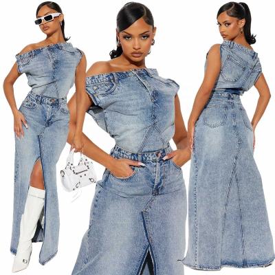 China Anti-pilling Boutique Clothing Street Wear 2 Piece Bra And Shorts Women Sets Retro Women Set Two Piece Top Skirts Set Denimnim for sale