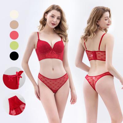 China Customized Holiday Red QUICK DRY Pump Bra Set Monsoon Bow Jacquard Mesh Longline Bra And Thong Sale Set for sale