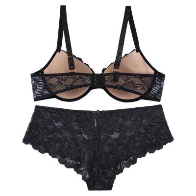 China Wholesale QUICK DRY Sheer Lace Briefs And Pump Molded Cup Bra Set Plus Size Black Luxury Lace With Nude Bra Set for sale