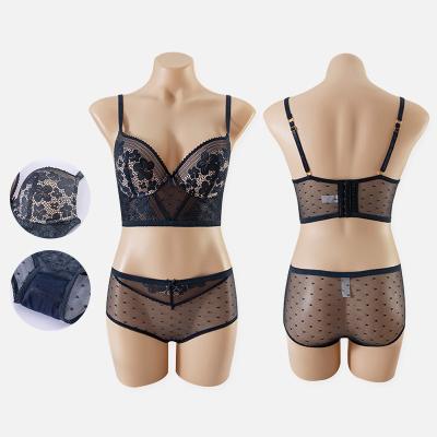 China QUICK DRY Sheer Briefs And Pump Molded Cup Bra Set Lace And Dot Mesh Longline Bra And Briefs Luxury Set for sale