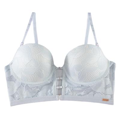 China Sexy Comfortable Fancy Bra QUICK DRY Knitted Applique Lace Front Strappy Blue Pump Molded Cup and O Ring 5 Hook Bra for sale