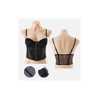 China Odm Tight Designer Inspired Sexy Night Cf Hot Black 90%Nylon 10%Elastane Satin With Geometric Lace Puhs Up Cup Molded Bustier for sale