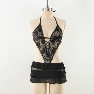 China QUICK DRY CF Lace Up See Through Sexy Gril Night Dress All Over Lace And Sexy Mesh Marrow Edge Hem Skirt And Thong Underwear Set for sale