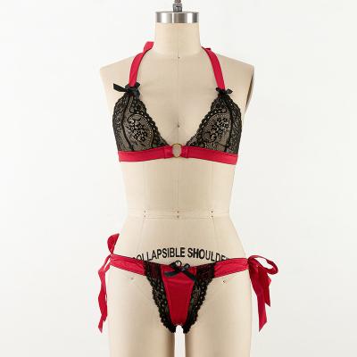 China Holiday Black QUICK DRY Lace and Red Satin Crotch Side Open G Ties - String and Bralette 2 Pcs Sexy Underwear Set for sale