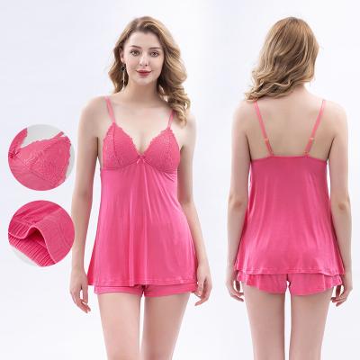 China Ome High Quality QUICK DRY Comfy Sleepwear Knitted Rayon With Lace Cup Cami And Shorts Rayon Pajamas for sale