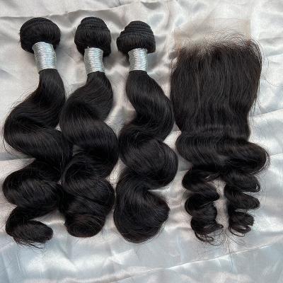 China Strengthen Swiss Wholesale 4x4 5x5 6x6 7x7 Lace Closure Hair Extension Weft Weft Double Drawn Body Wave 3 Bundles With Lace Headband for sale