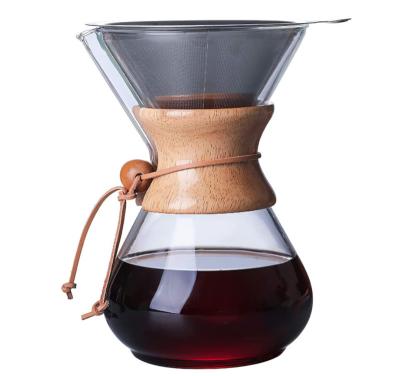 China Sustainable 8 Cup Pour Over Glass Coffee Maker Glass Pour Over Carafe Drip Coffee Maker Glass With Reusable Stainless Steel Filter for sale