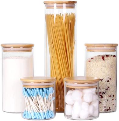 China CLASSIC Glass Storage Jars Set Of 5 Clear Glass Food Storage Containers With Airtight Bamboo Lid Kitchen Stackable Canisters for sale