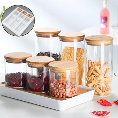 China CLASSIC Borosilicate Glass Jars with Bamboo Lids Set of 6 Air Tight Sealable Food Jar Canisters with Airtight Lid for sale