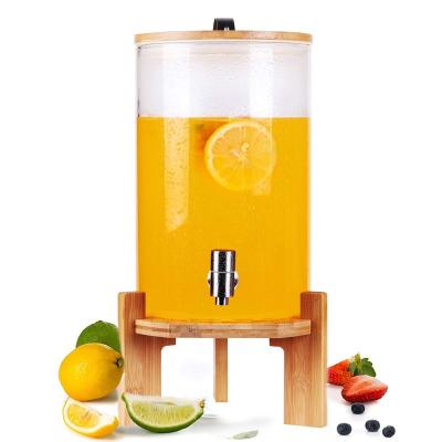 China Daily Life Home Beverage Glass Mason Jar Wine Bottle Dispenser on Wooden Stand with Airtight Bamboo Lid and Stainless Steel Spit for sale