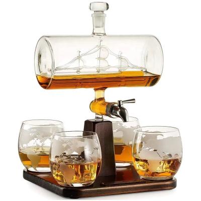 China CLASSIC Handmade Whiskey Wine Decanter Whiskey Dispenser with Tap Antique Ship Whiskey Decanter Set with 4 Globe Glasses and Trays for sale