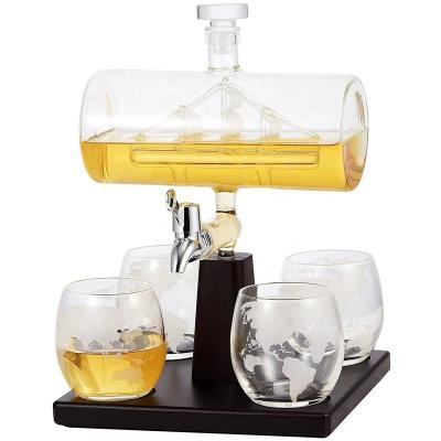 China CLASSIC Custom Liquor Decanter with Tap Whiskey Decanter Set Ship Whiskey Decanter Glass with 4 Glasses and Globe Trays for sale