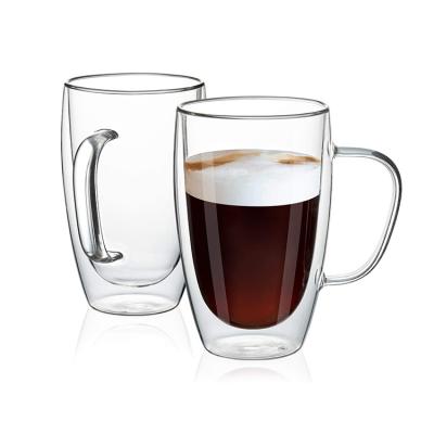 China 16oz Durable Glass Coffee Mugs Double Wall Clear Glass Mug With Handle For Coffee Tea for sale