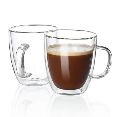 China Tall Viable 16oz Glass Coffee Mugs Double Wall Insulated Mugs With Handle for sale