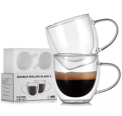 China 250ml Double Wall Glass Sustainable Coffee Mug Set Of 2 Cups With Handle for sale