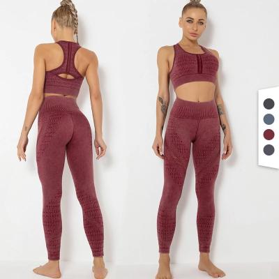 China 2021 Women's Breathable Acid Wash Seamless Yoga Set Two Piece Fitness Sports Bra Upper Leggings Core Yoga Set With XL for sale