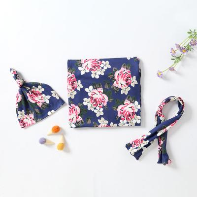 China Factory Wholesale Folded 0-3 Months Baby Soft Cotton Floral Print Wrap Headband Covering Set for sale