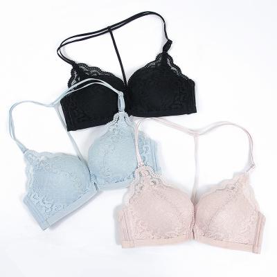 China Antibacterial Sexy Beauty Y-back Strappy Front Closure Push Up Lace Bra for sale