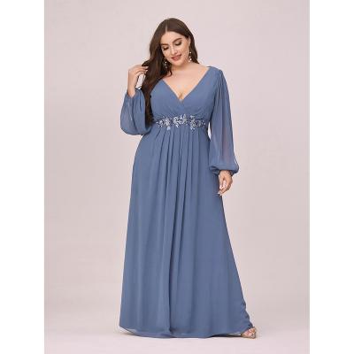 China Anti-Wrinkle Customized Women Chiffon Plus Size Cocktail V-Neck Appliqued Even Prom Dresses With Long Bishop Sleeves for sale