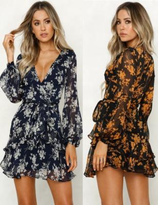 China Anti-wrinkle women ladies summer puff sleeve V neckline long layered ruffle chiffon floral print dress for sale