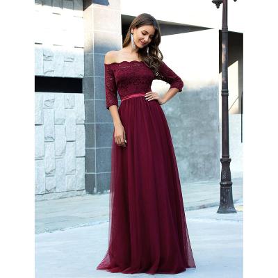 China Elegant Anti-wrinkle Women Off The Shoulder Lace Sleeve Ball Gown Evening Dresses Long Tulle Floral Formal Dinner For Prom for sale