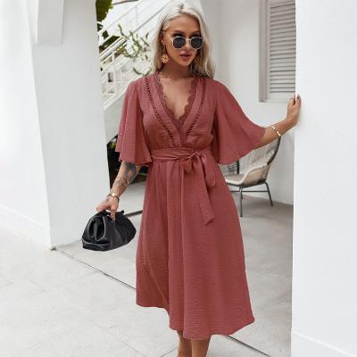 China 2021 Anti-wrinkle Maxi Dress Shed V-Neck Crepe Cotton Batwing Femme Vestidos Boho Women Elegant Casual Sleeve Lace Up Midi Dress For Summer for sale