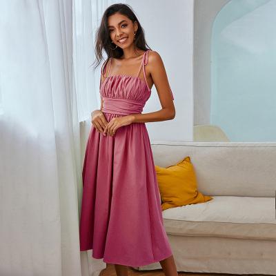 China Vestido Imperio Summer Casual Cotton High Waist Anti-wrinkle Spaghetti Strap Ruffle Neck Spaghetti Strap Midi Dress for sale