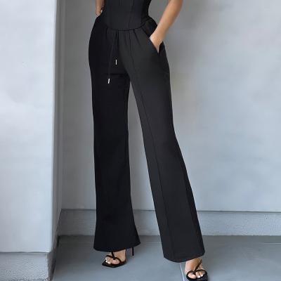 China Custom Anti-Wrinkle Ladies Fashion Matching Sets Women Black Tie Waist Casual Pants Summer 2 Co Ord Wide Leg Two Piece Pants Sets for sale