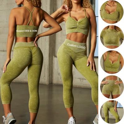 China Antibacterial High Quality Seamless Active Wear Women Fitness Yoga Sets Long Sleeve Gym Top Shorts Sand Wash Bra And Gaiters Sport Suit for sale