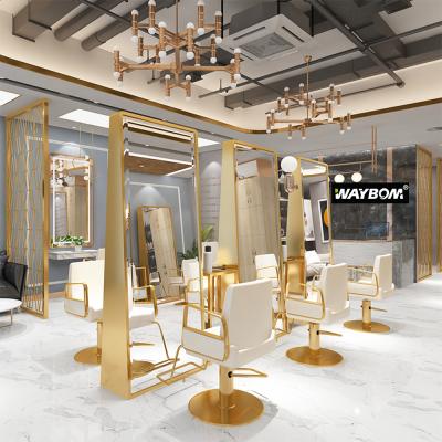 China Wall Mounted Modern LED Barber Shop Furniture Illuminated Gold Aluminum Mirror Bathroom View Mirror with Lights for sale