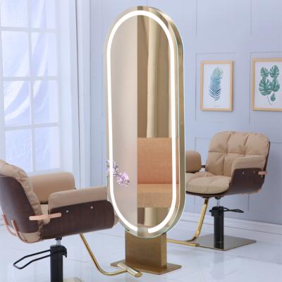 China Modern Hot Selling Elliptical Standing Hair Salon Shop Customized Island Stainless Steel Double View Salon Mirror for sale